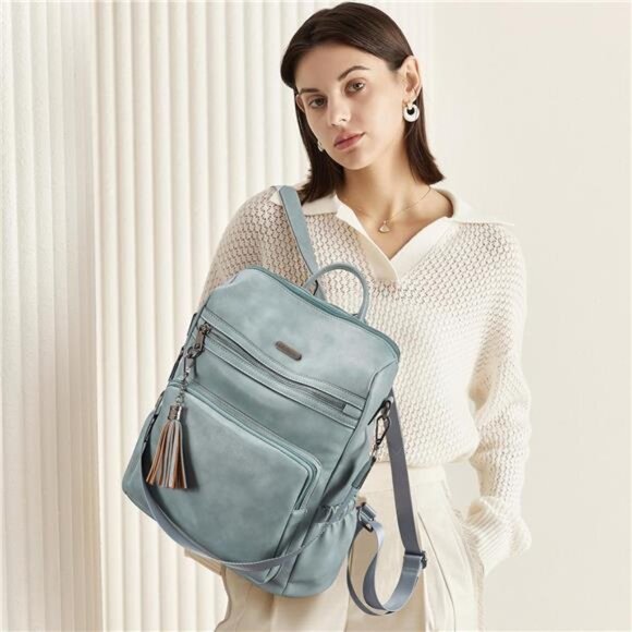 Women Large Vegan Leather Fashion Backpack Blue - Picture 2 of 6